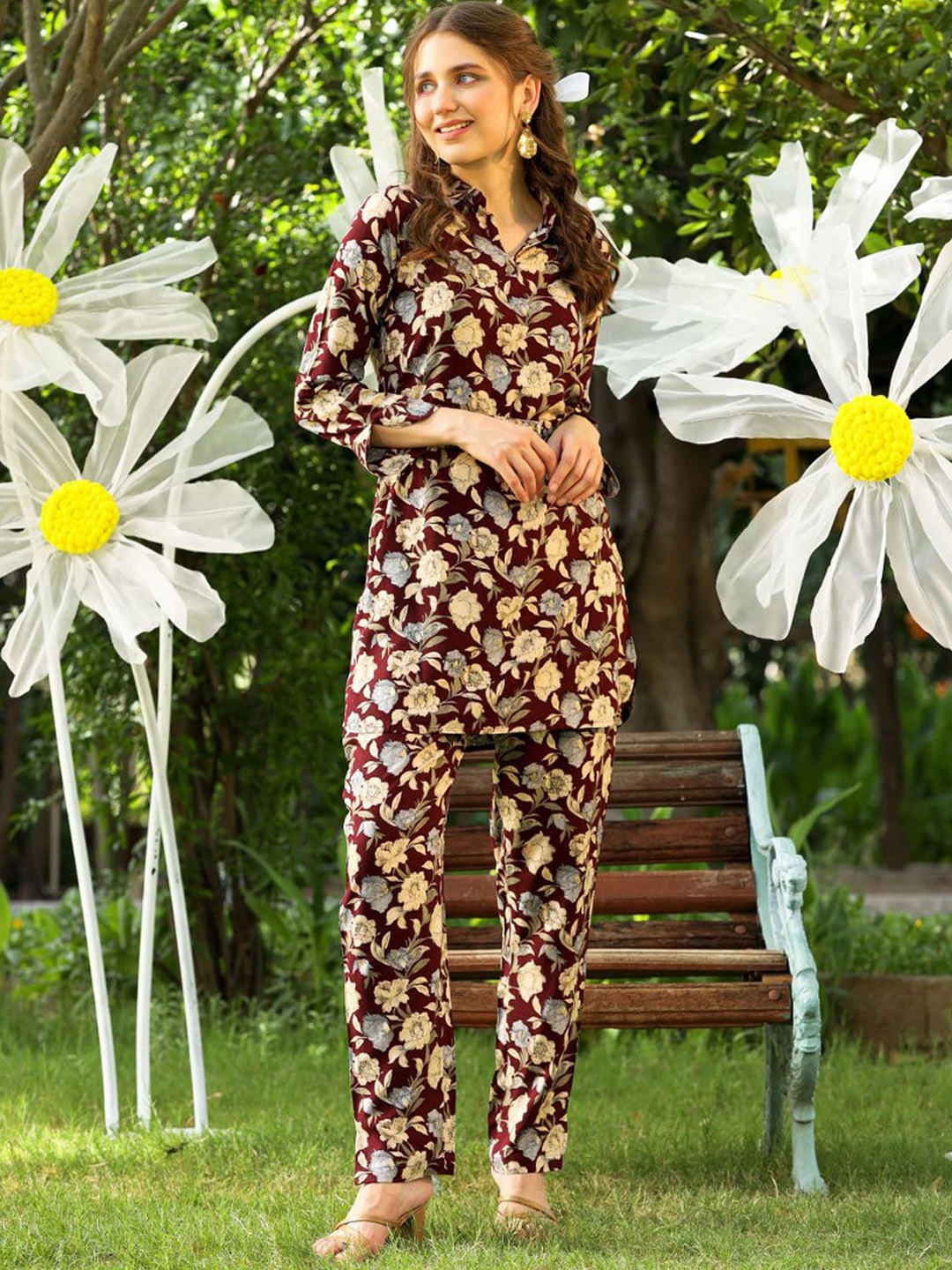 

FASHION DWAR Floral Printed Pure Cotton Tunic With Trousers, Maroon