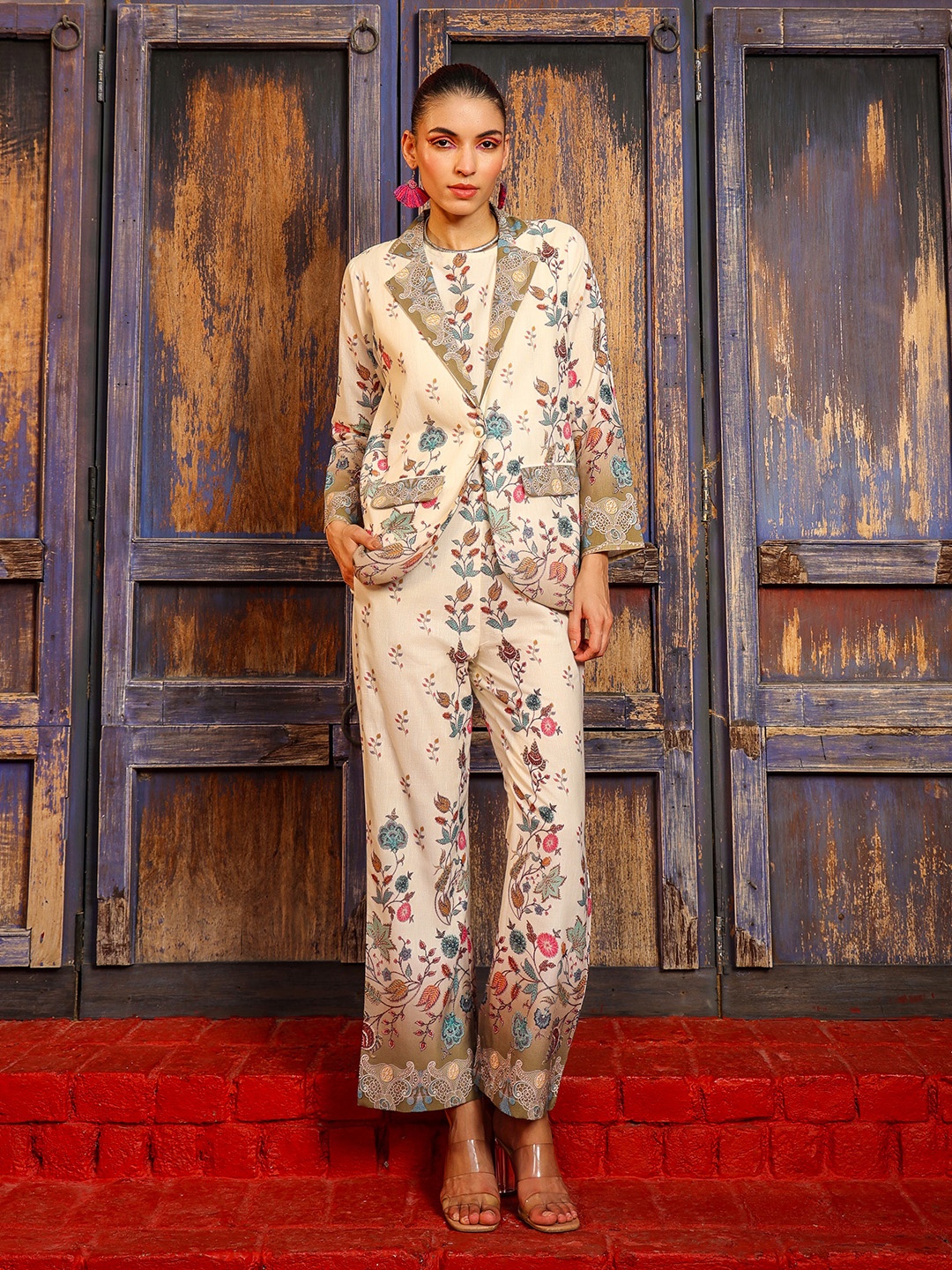 

FASHION DWAR Floral Printed Linen Crop Top with Palazzos & Blazer, Cream