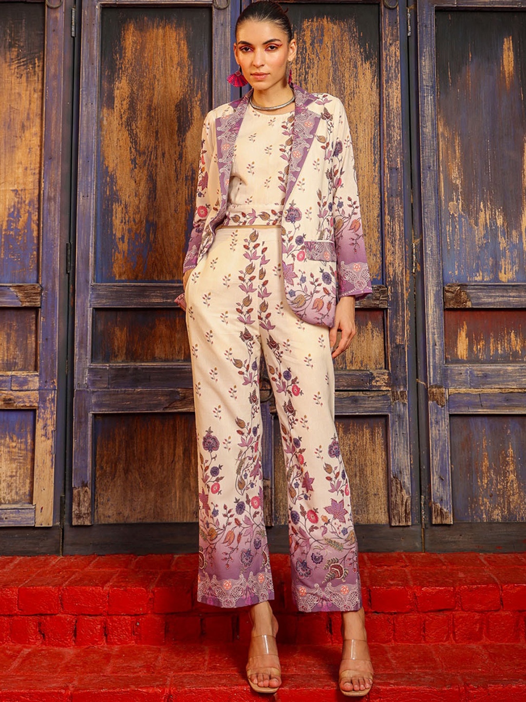 

FASHION DWAR Floral Printed Pure Linen Top With Trousers And Jacket, Cream