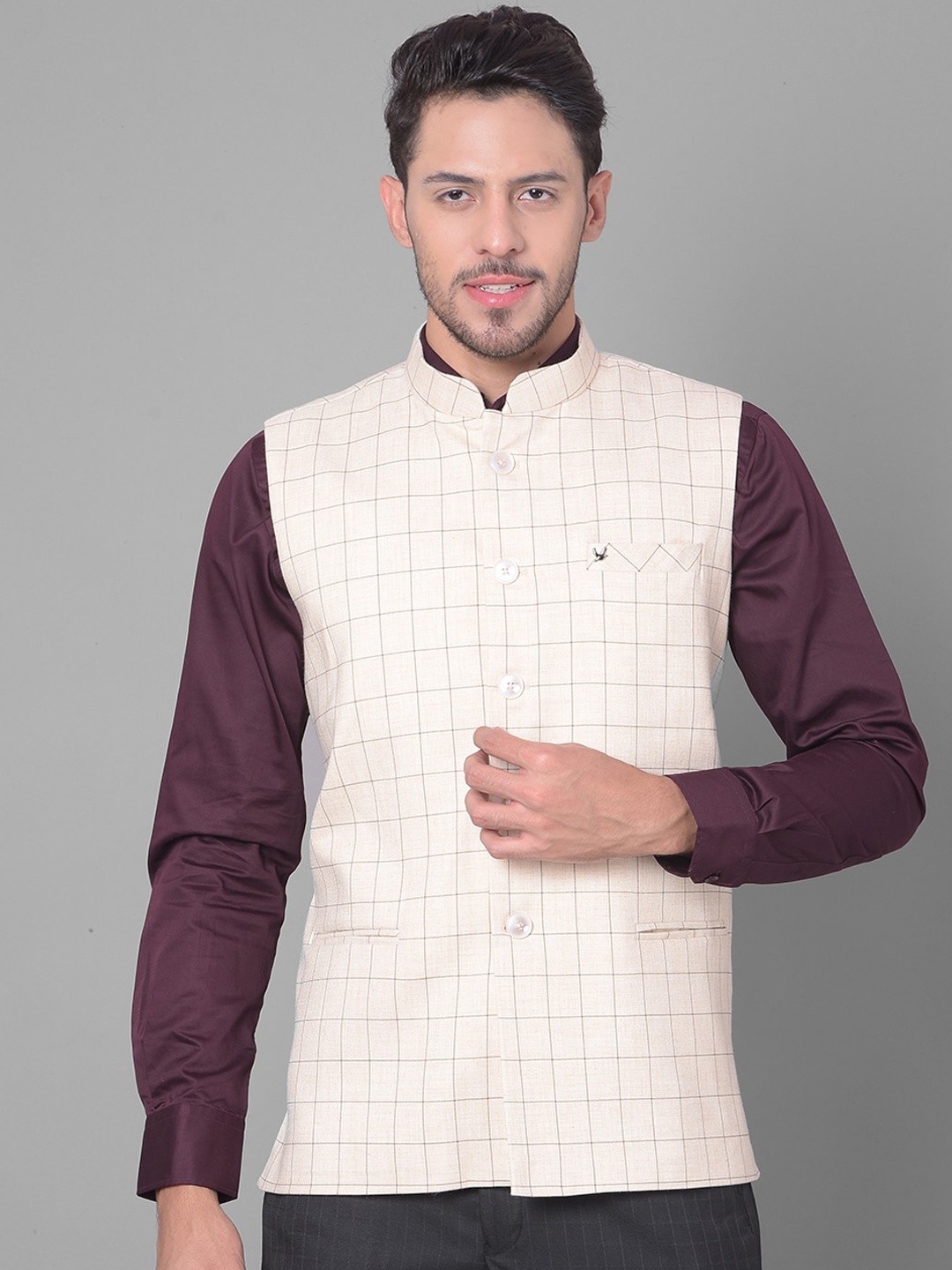 

Canary London Checked Slim Fit Formal Nehru Jacket, Beige