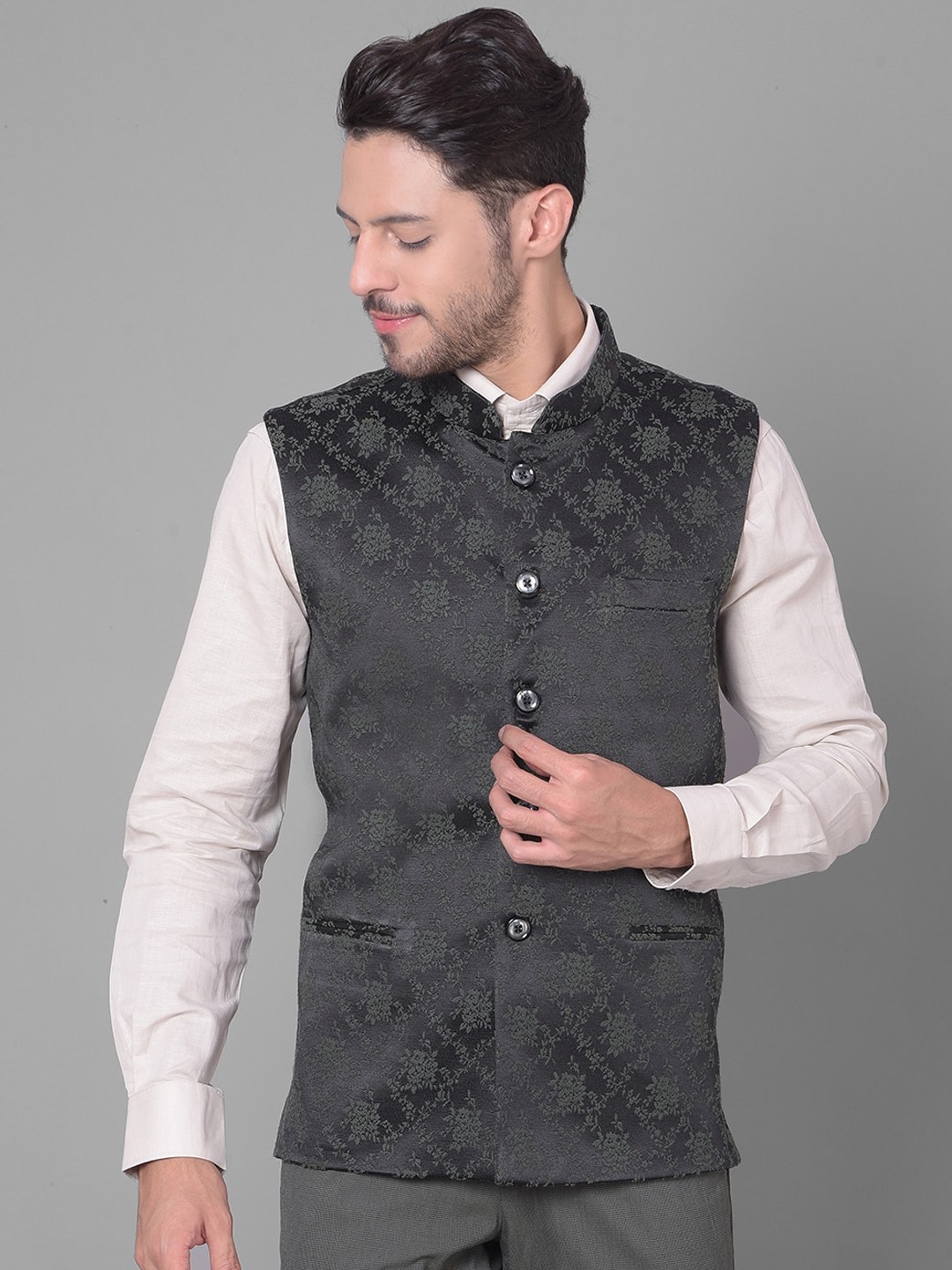 

Canary London Floral Woven Design Nehru Jacket, Black
