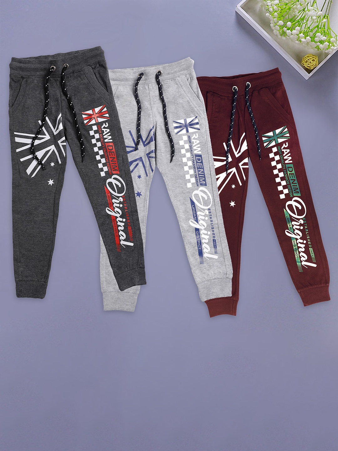 

CHIMPRALA Boys Pack Of 3 Graphic Printed Cotton Joggers, Grey