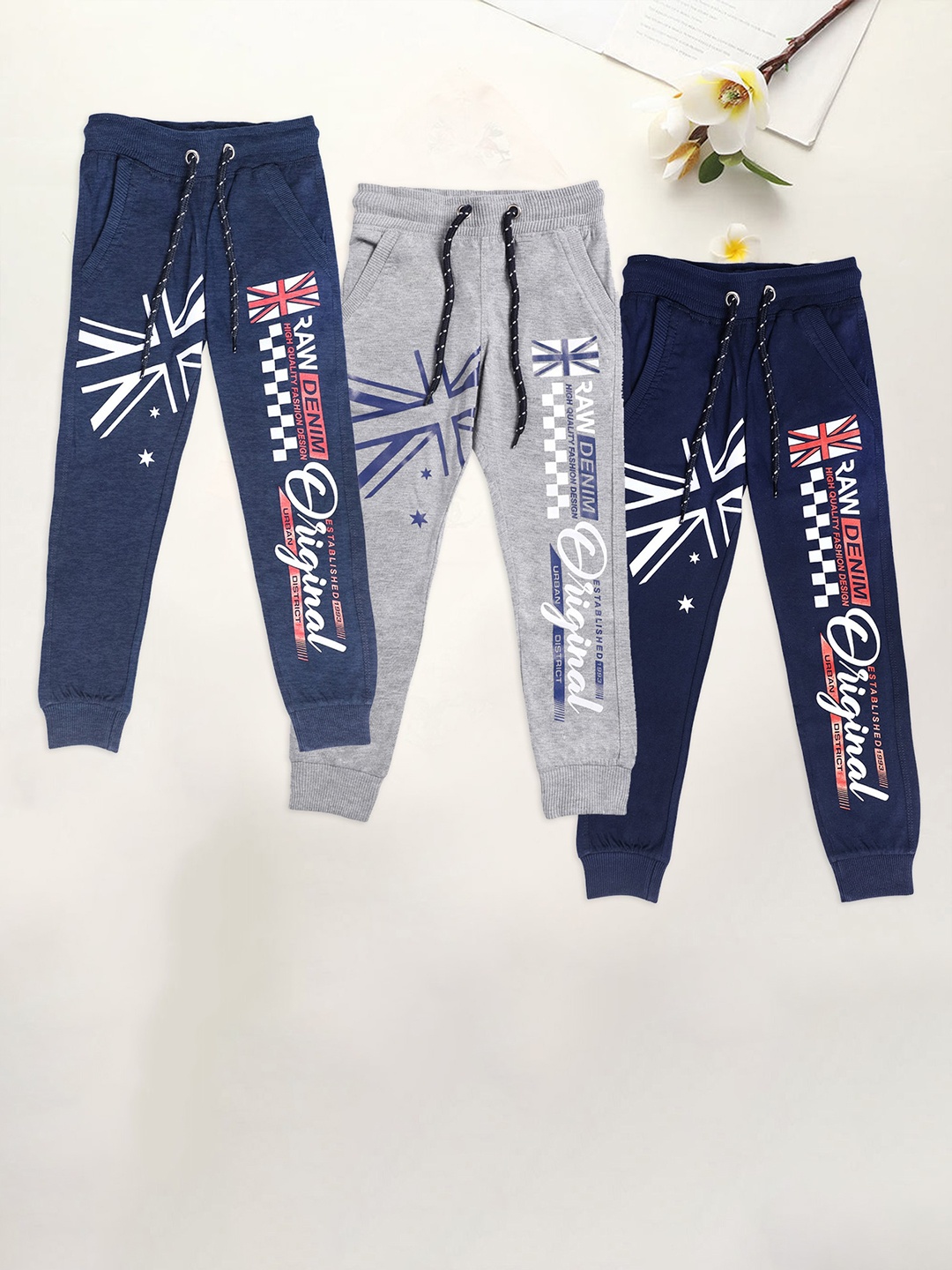 

CHIMPRALA Boys Pack Of 3 Graphic Printed Cotton Joggers, Navy blue