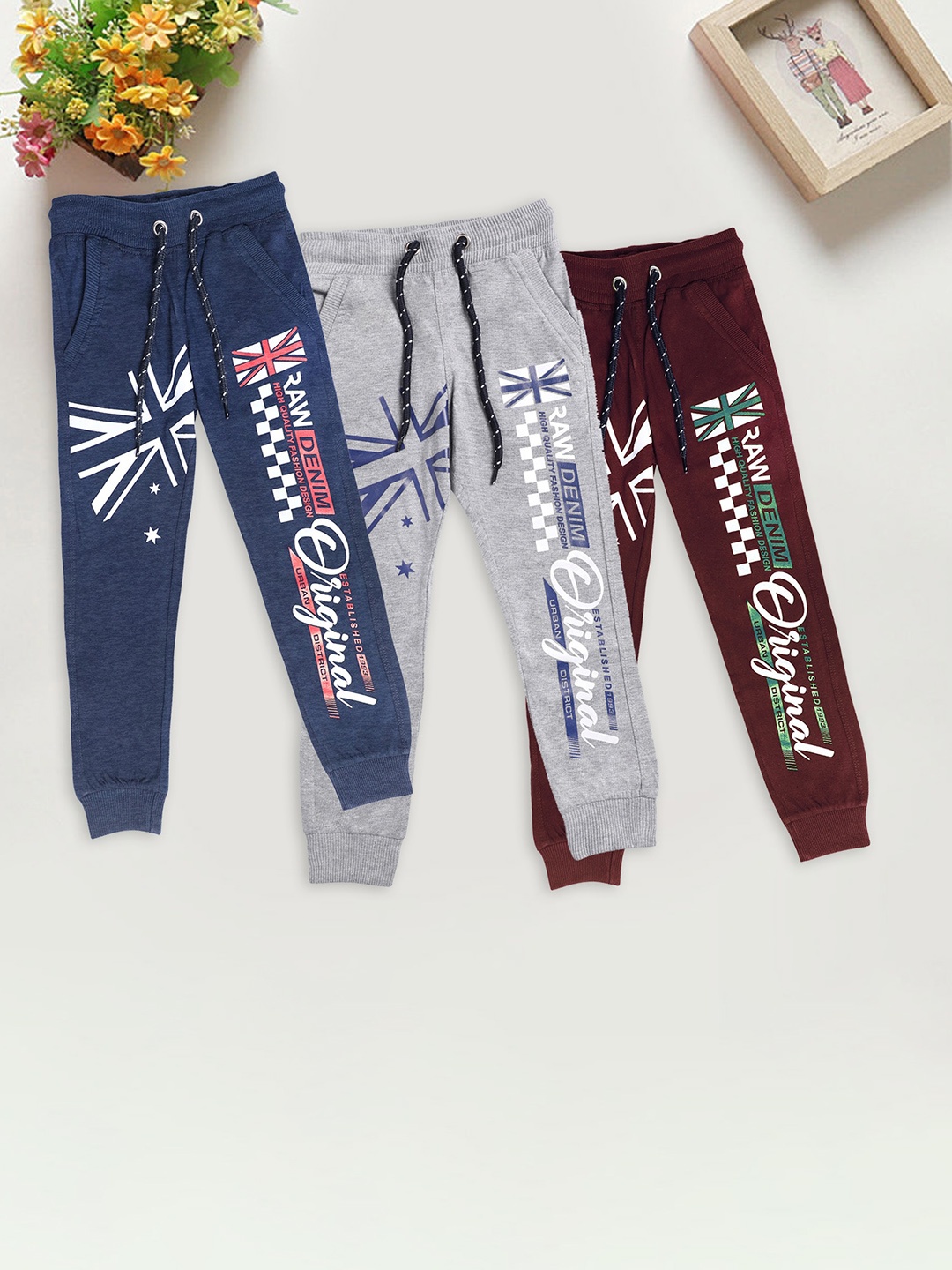 

CHIMPRALA Boys Pack Of 3 Printed Cotton Joggers, Blue