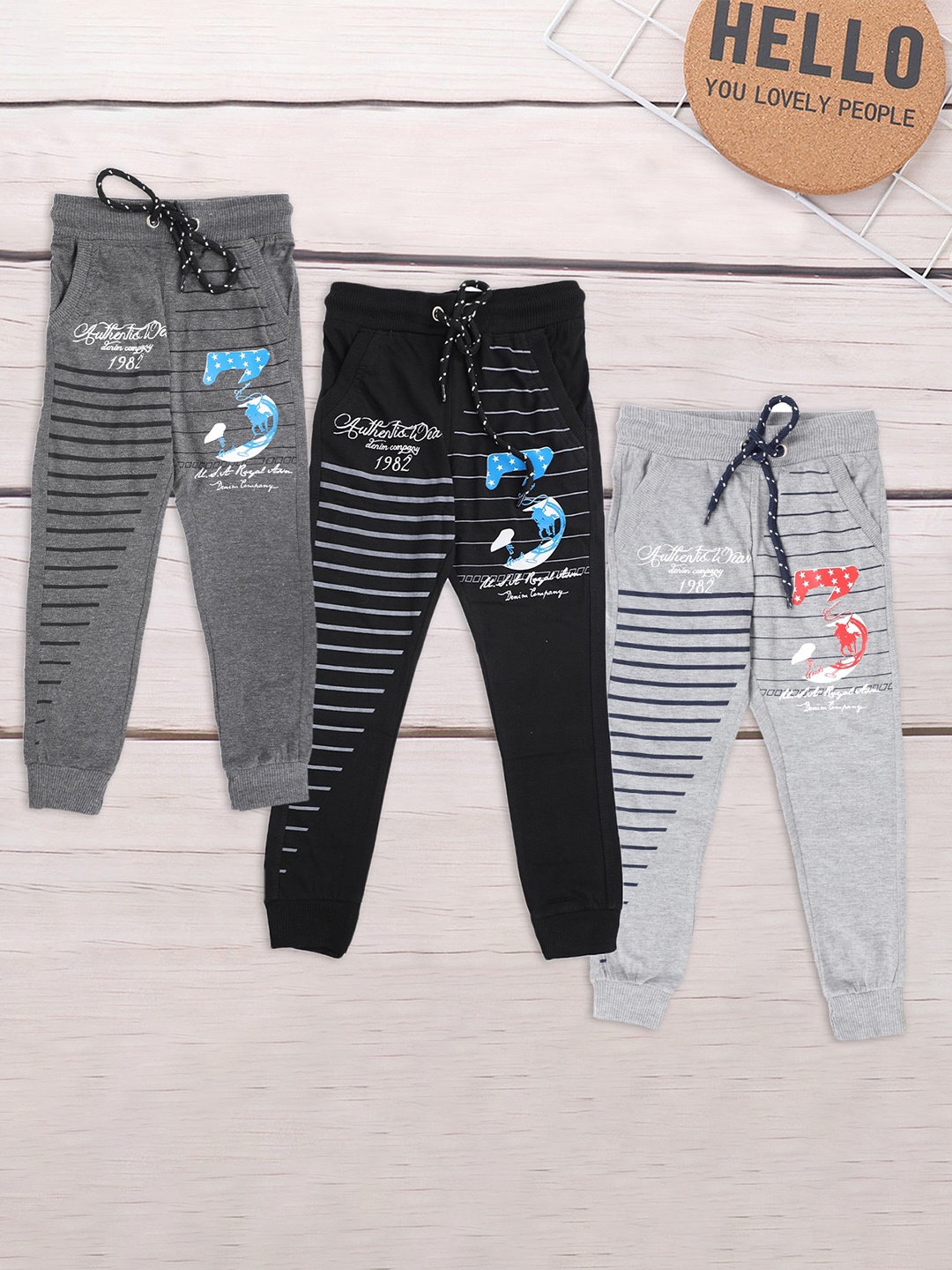 

CHIMPRALA Boys Pack Of 3 Striped Cotton Joggers, Black