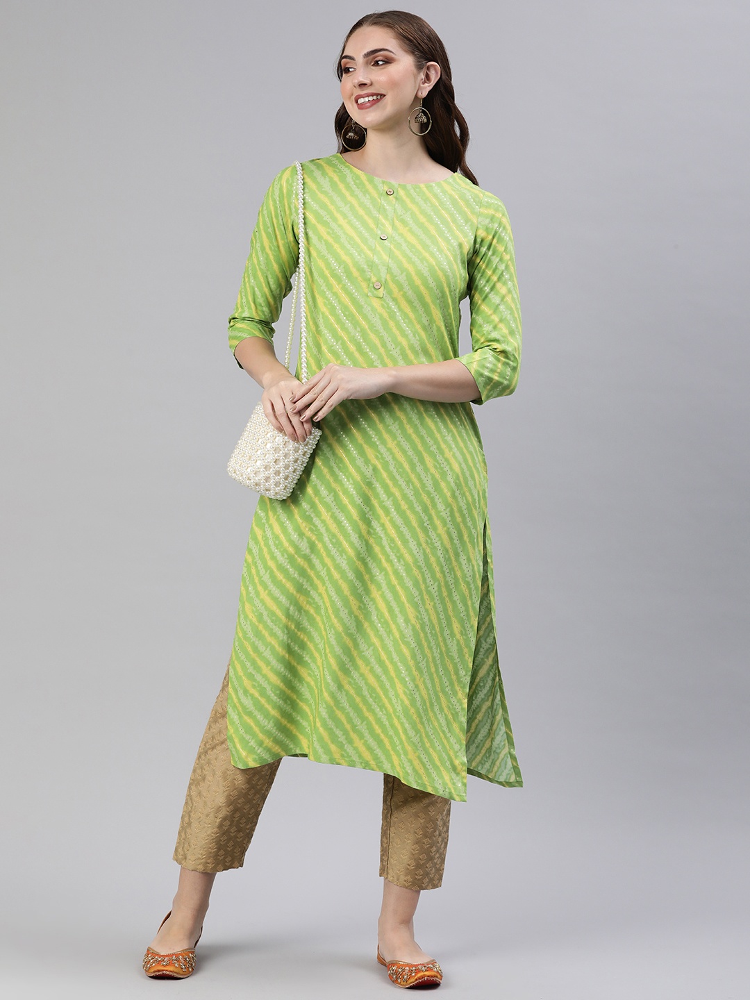 

KALINI Leheriya Foil Printed Kurta, Green