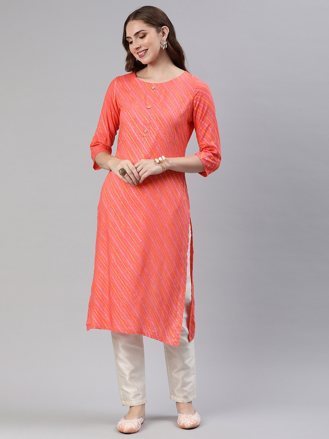 

KALINI Leheriya Foil Printed Kurta, Pink