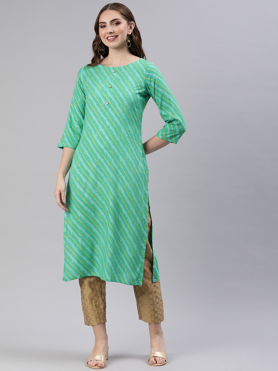 

KALINI Leheriya Foil Printed Kurta, Turquoise blue