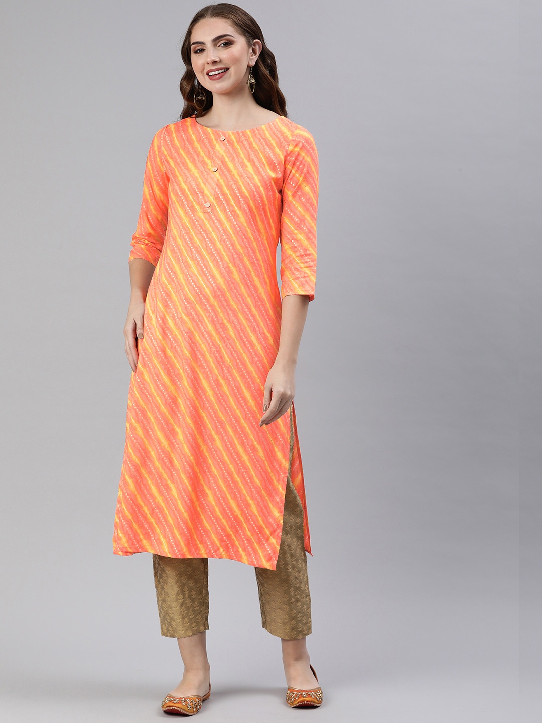 

KALINI Leheriya Foil Printed Kurta, Orange