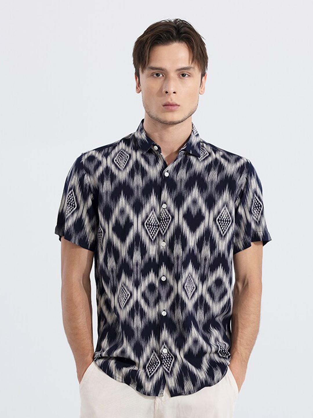

Snitch Blue Classic Self Design Slim Fit Casual Shirt