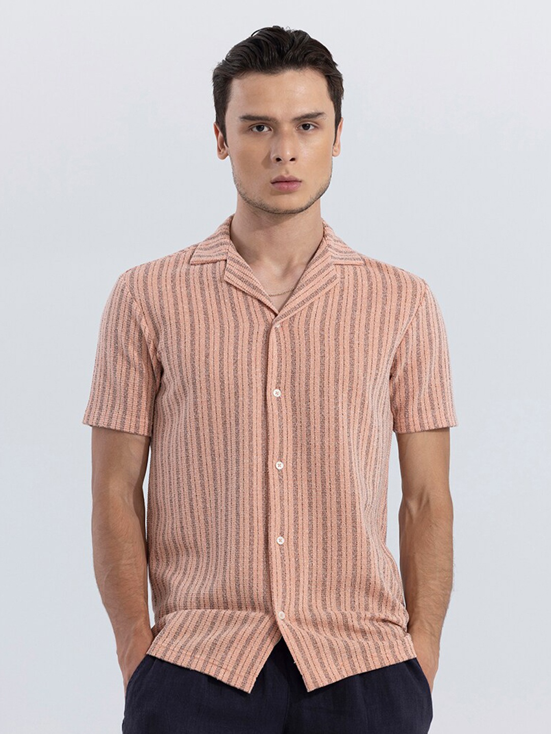 

Snitch Peach Classic Striped Pure Cotton Casual Shirt