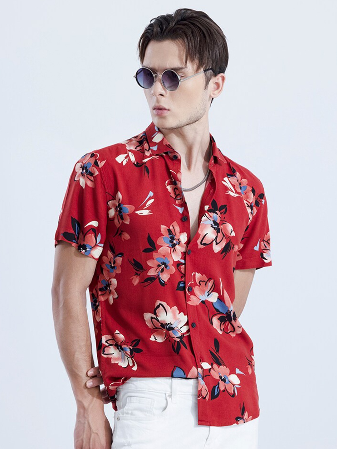 

Snitch Red Classic Floral Printed Spread Collar Casual Shirt