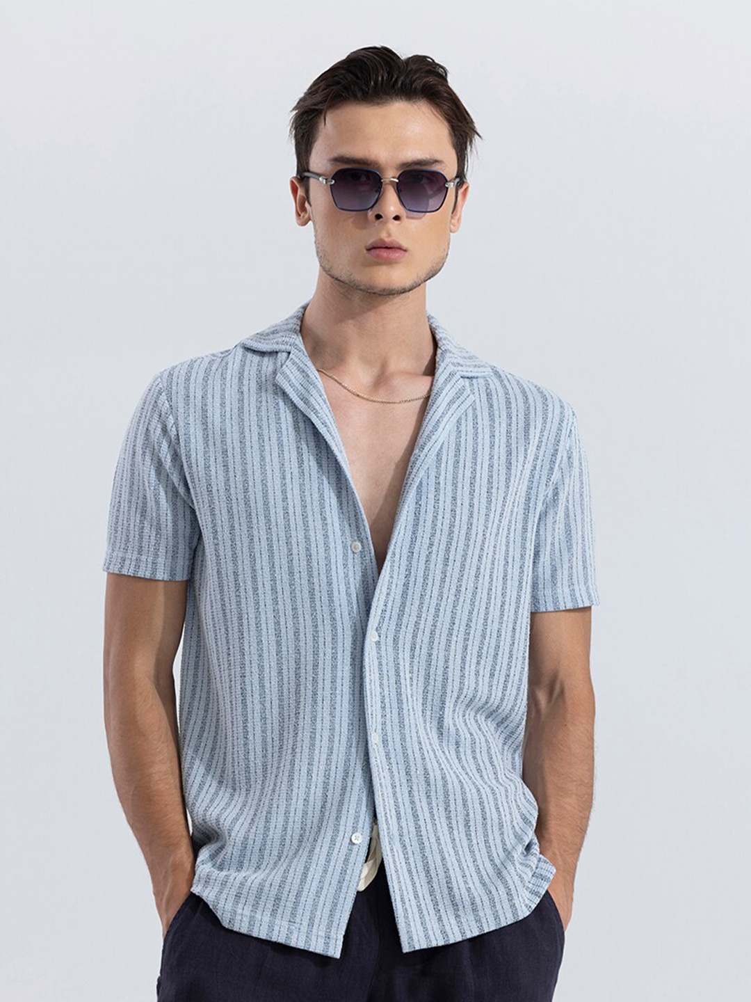 

Snitch Classic Opaque Striped Pure Cotton Casual Shirt, Blue