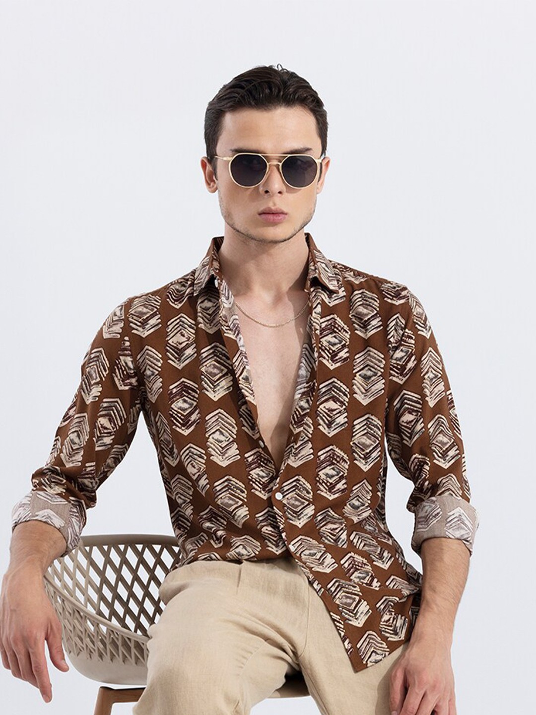 

Snitch Classic Abstract Printed Slim Fit Casual Shirt, Brown