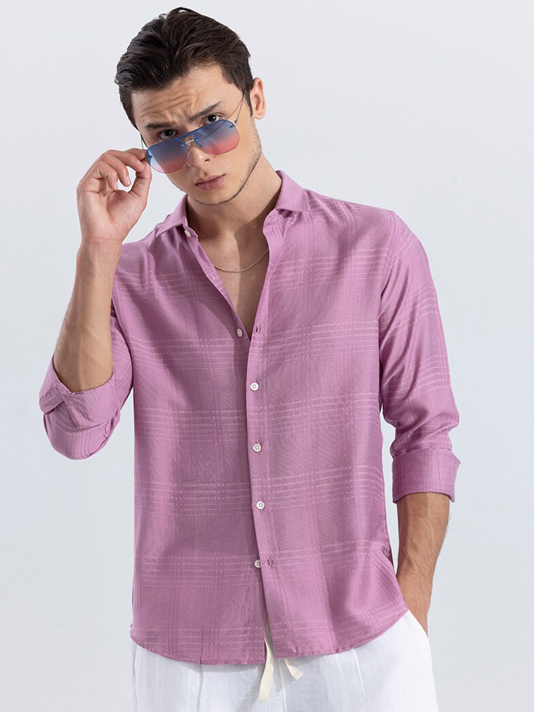 

Snitch Classic Spread Collar Slim Fit Cotton Casual Shirt, Pink