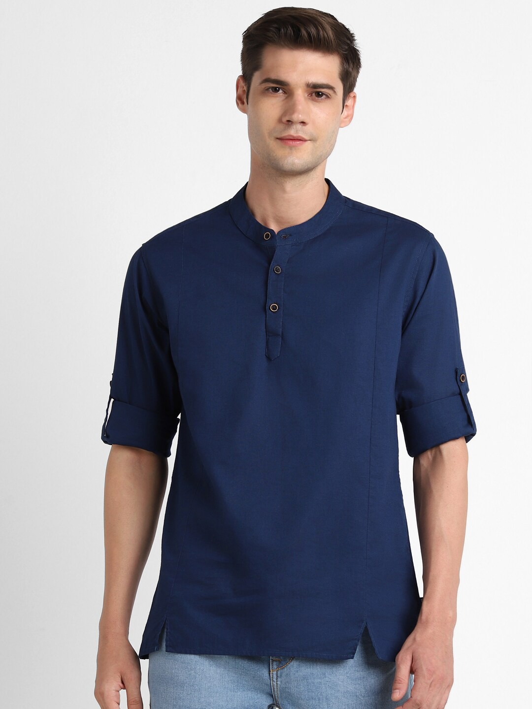 

Urbano Fashion Band Collar Slim Fit Cotton Shirt, Blue