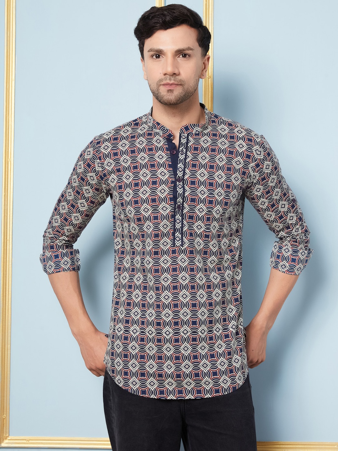

See Designs Geometric Printed Mandarin Collar A-Line Cotton Short Kurta, Navy blue