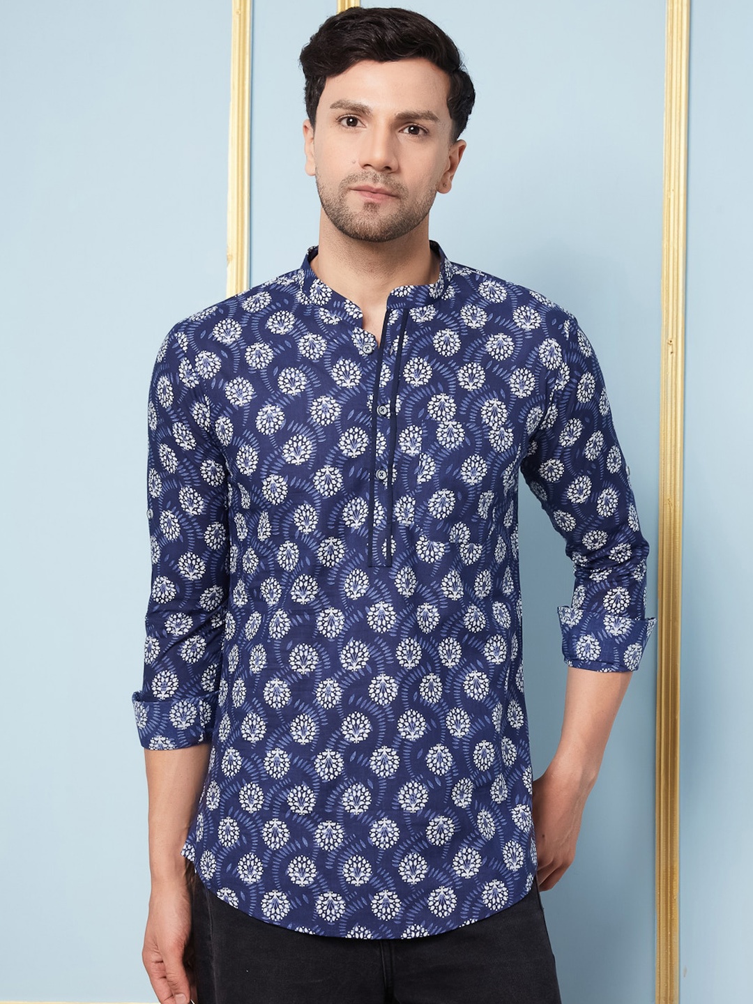 

See Designs Floral Printed Mandarin Collar A-Line Pure Cotton Short Kurta, Blue