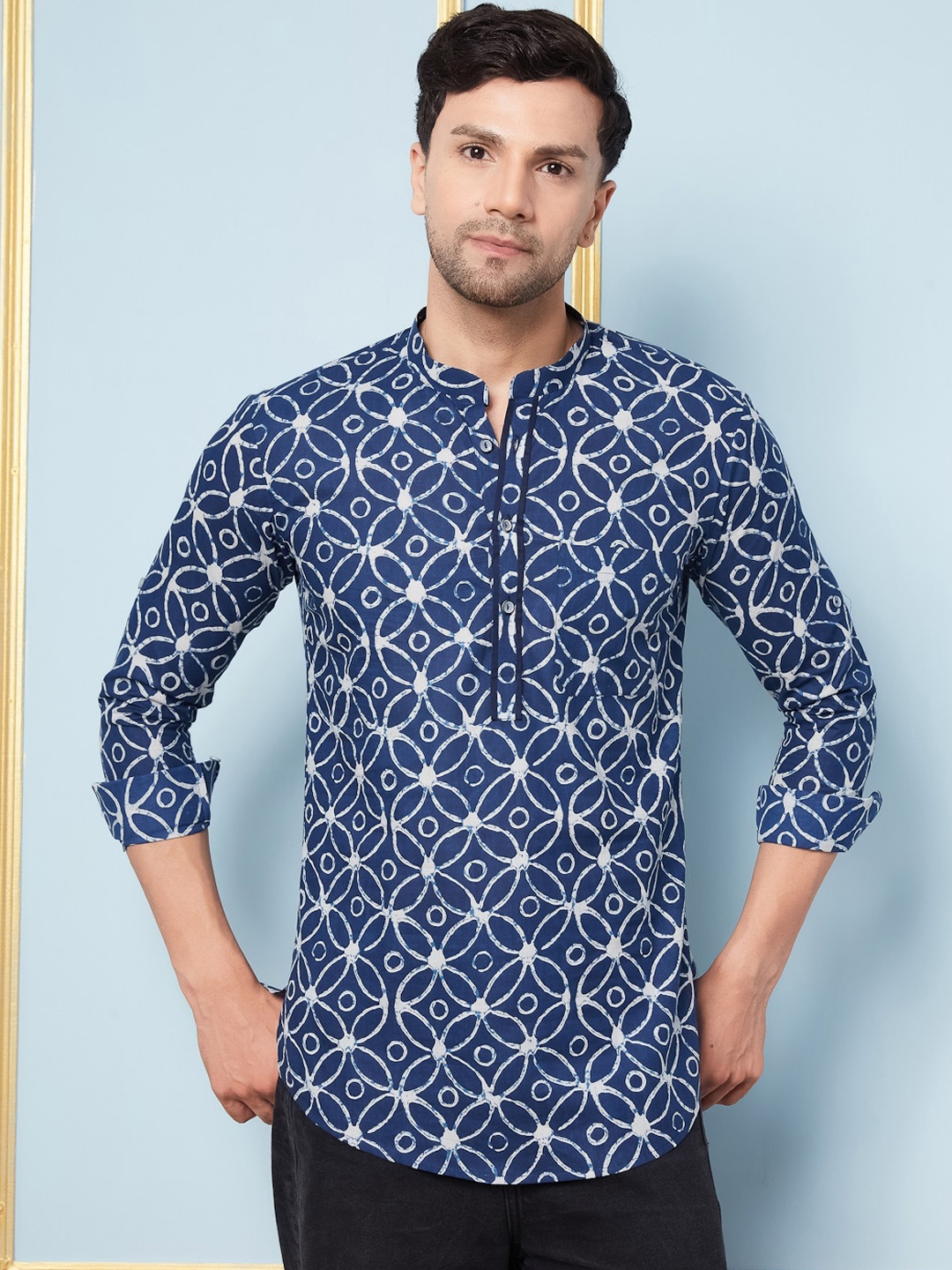 

See Designs Geometric Printed Mandarin Collar A-Line Pure Cotton Short Kurta, Blue