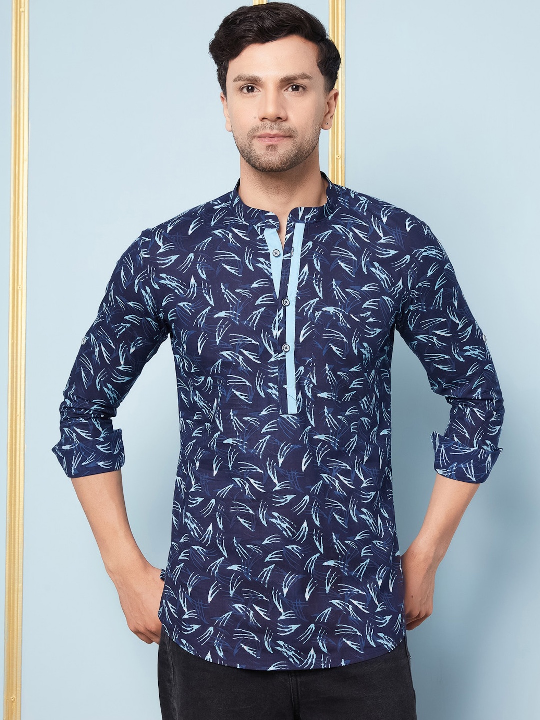 

See Designs Geometric Printed Mandarin Collar A-Line Pure Cotton Short Kurta, Blue
