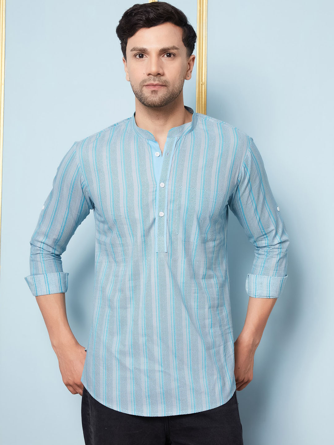 

See Designs Geometric Printed Mandarin Collar Pure Cotton Kurta, Blue