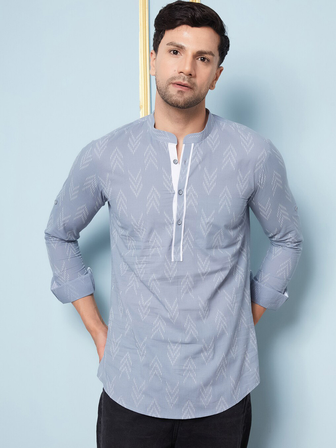 

See Designs Geometric Printed Mandarin Collar Pure Cotton Kurta, Grey