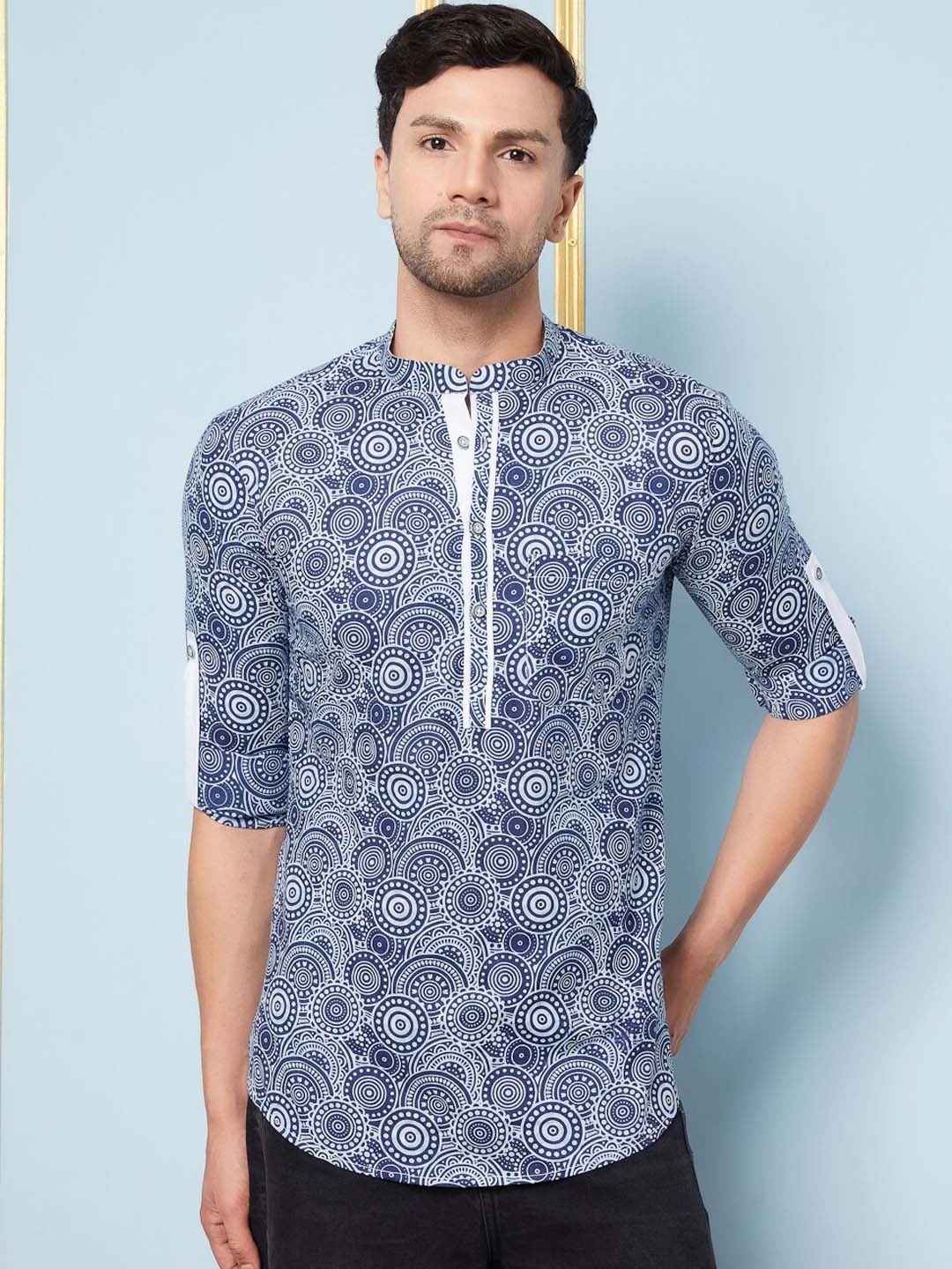 

See Designs Geometric Printed Mandarin Collar Pure Cotton Kurta, Blue