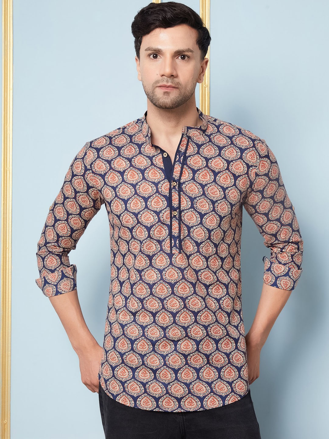 

See Designs Ethnic Motifs Printed Mandarin Collar Pure Cotton Kurta, Blue