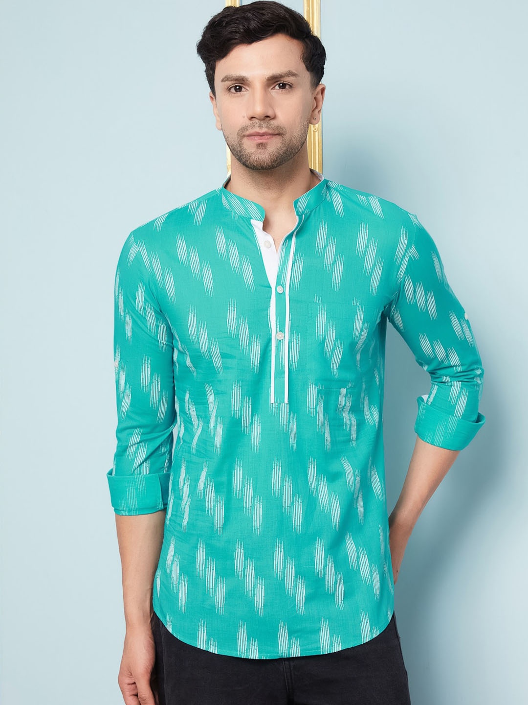 

See Designs Geometric Printed Mandarin Collar Pure Cotton Kurta, Turquoise blue