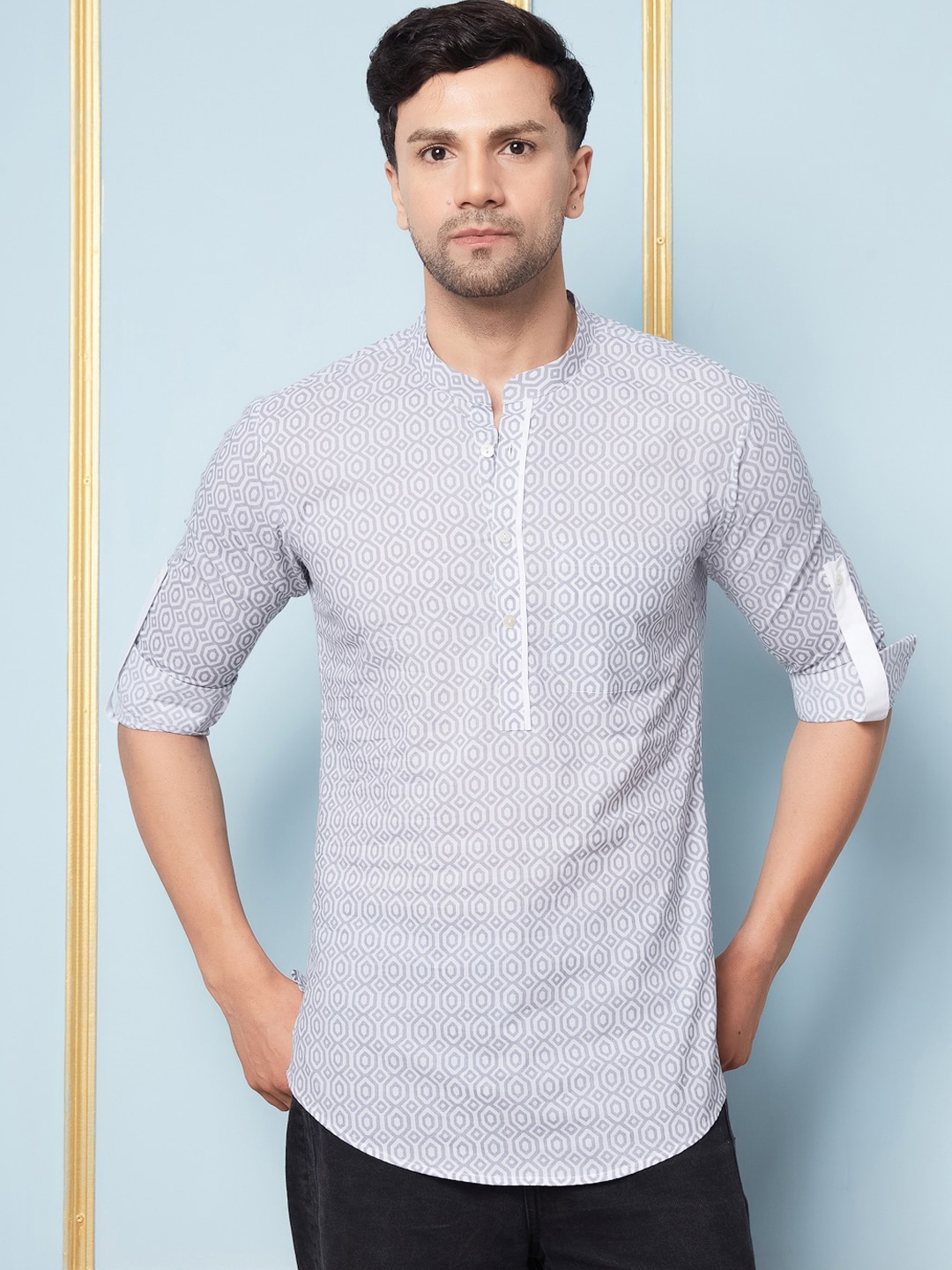 

See Designs Geometric Printed Mandarin Collar Pure Cotton Kurta, Grey