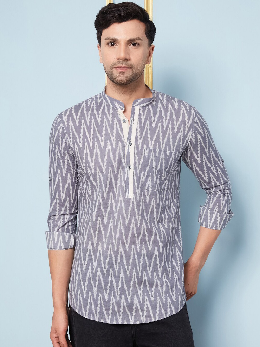 

See Designs Ethnic Motifs Printed Mandarin Collar Pure Cotton Kurta, Grey