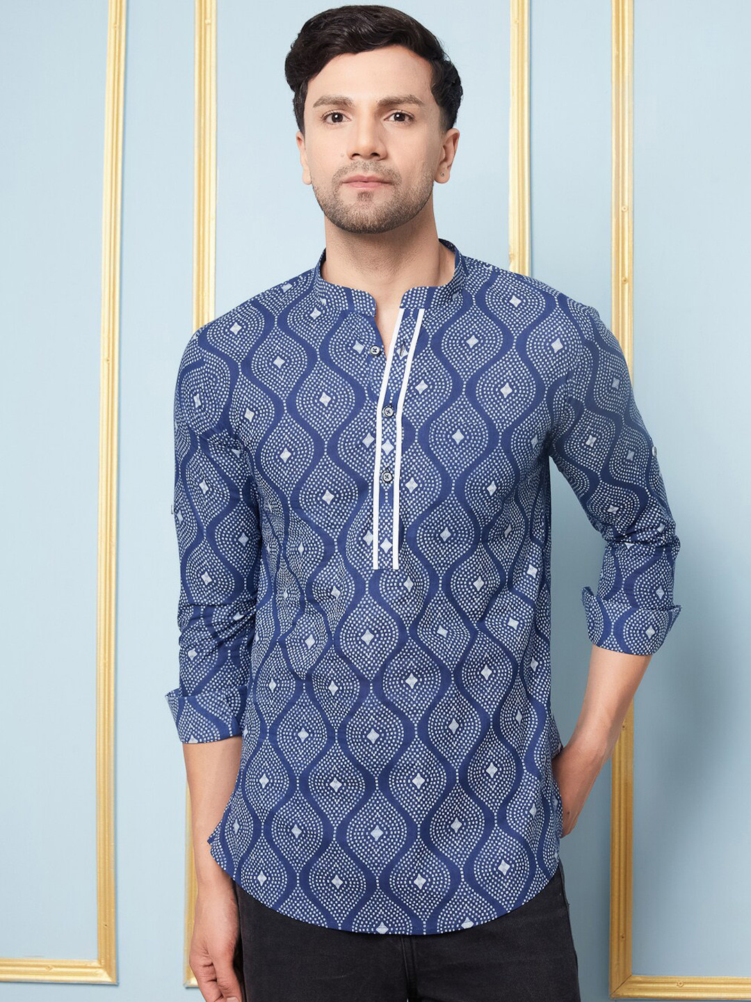 

See Designs Ethnic Motifs Printed Mandarin Collar Pure Cotton Kurta, Blue