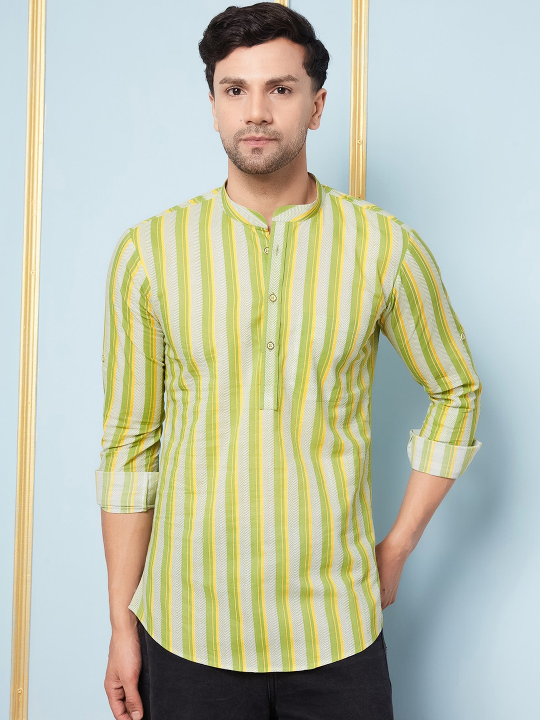 

See Designs Striped Mandarin Collar Pure Cotton Kurta, Green