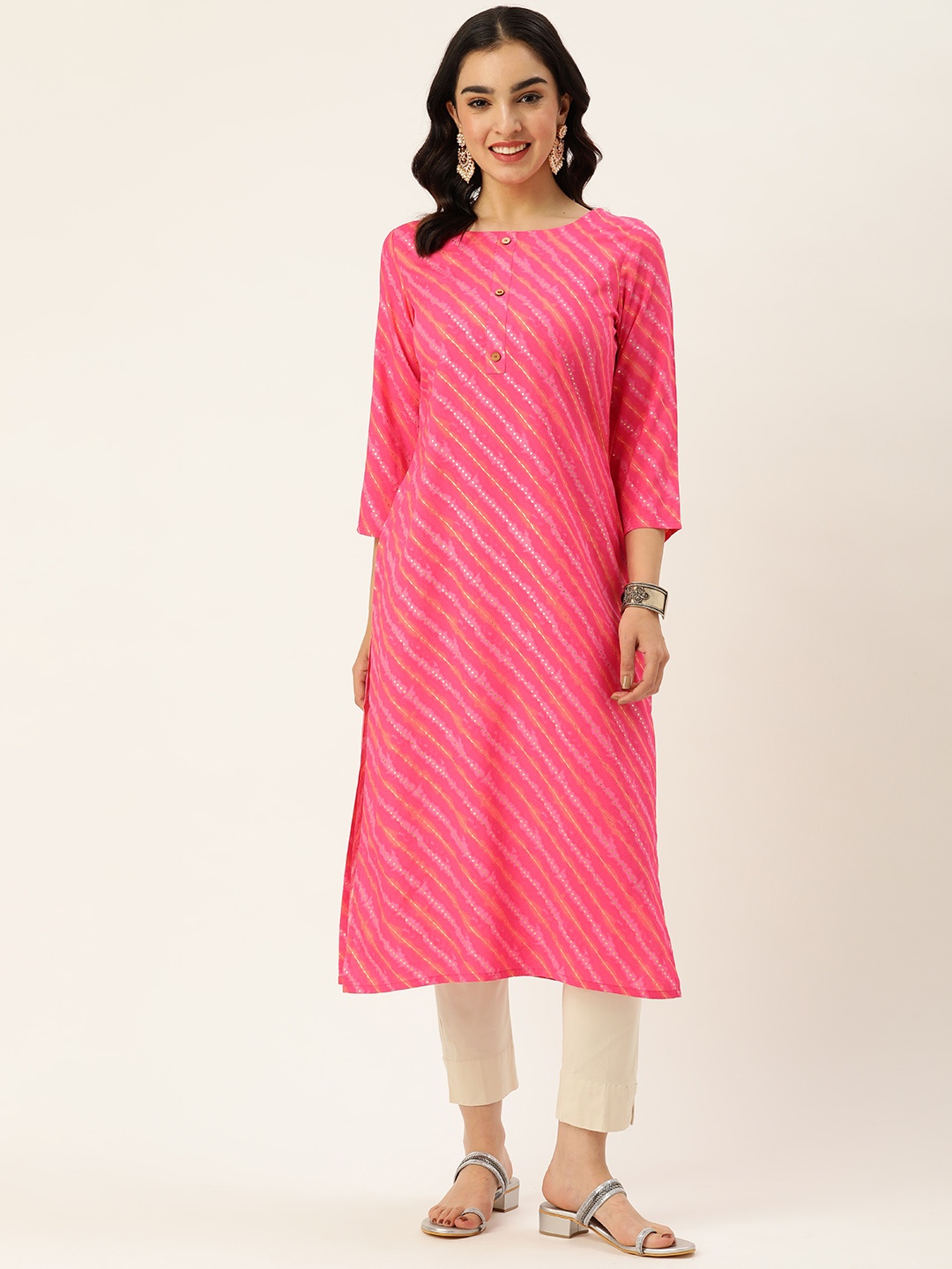 

Saanjh Leheriya Foil Printed Kurta, Pink
