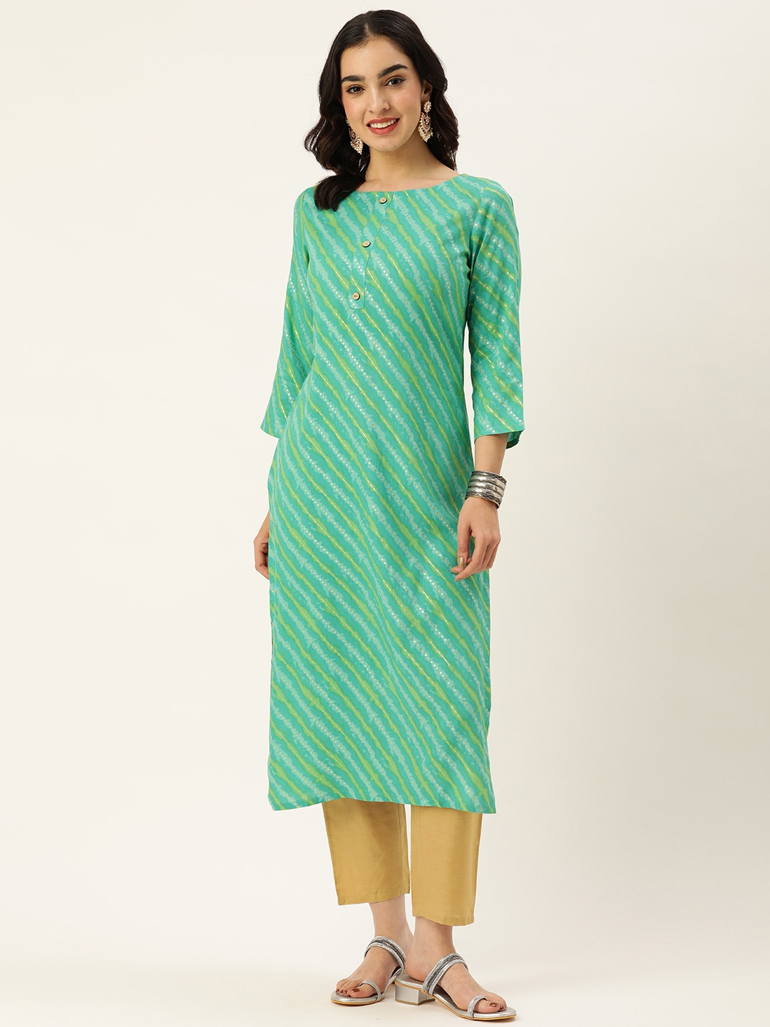 

Saanjh Leheriya Foil Printed Kurta, Green