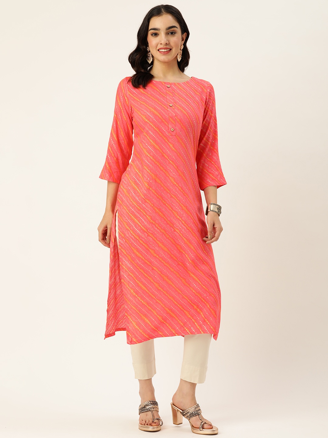 

Saanjh Leheriya Foil Printed Kurta, Pink