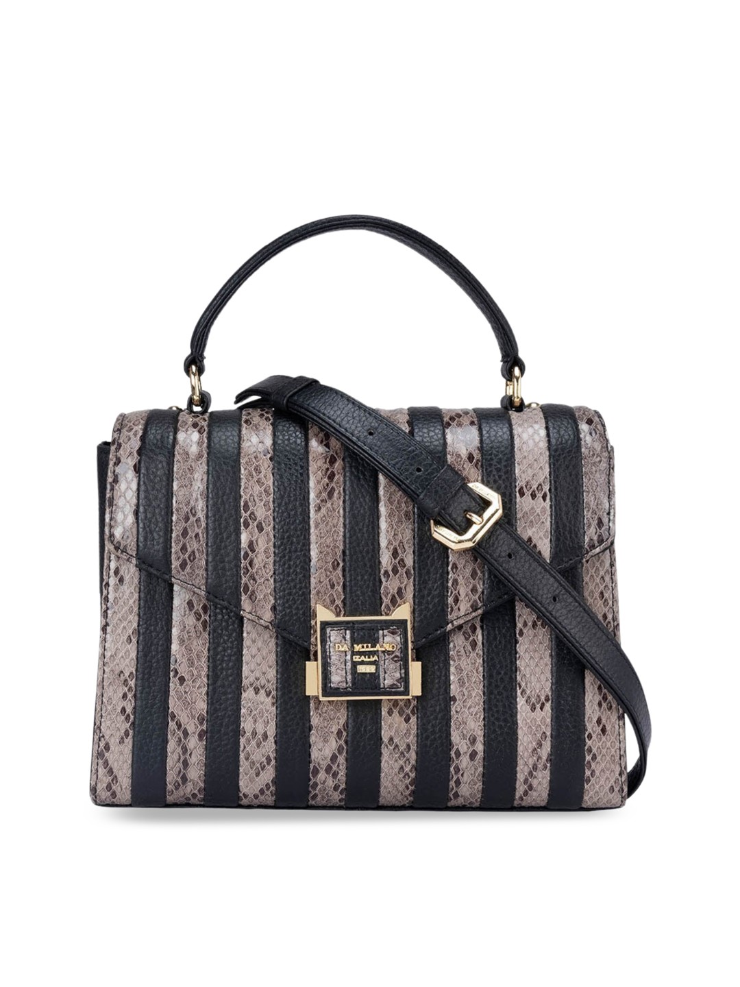 

Da Milano Self Design Textured Leather Structured Satchel, Black