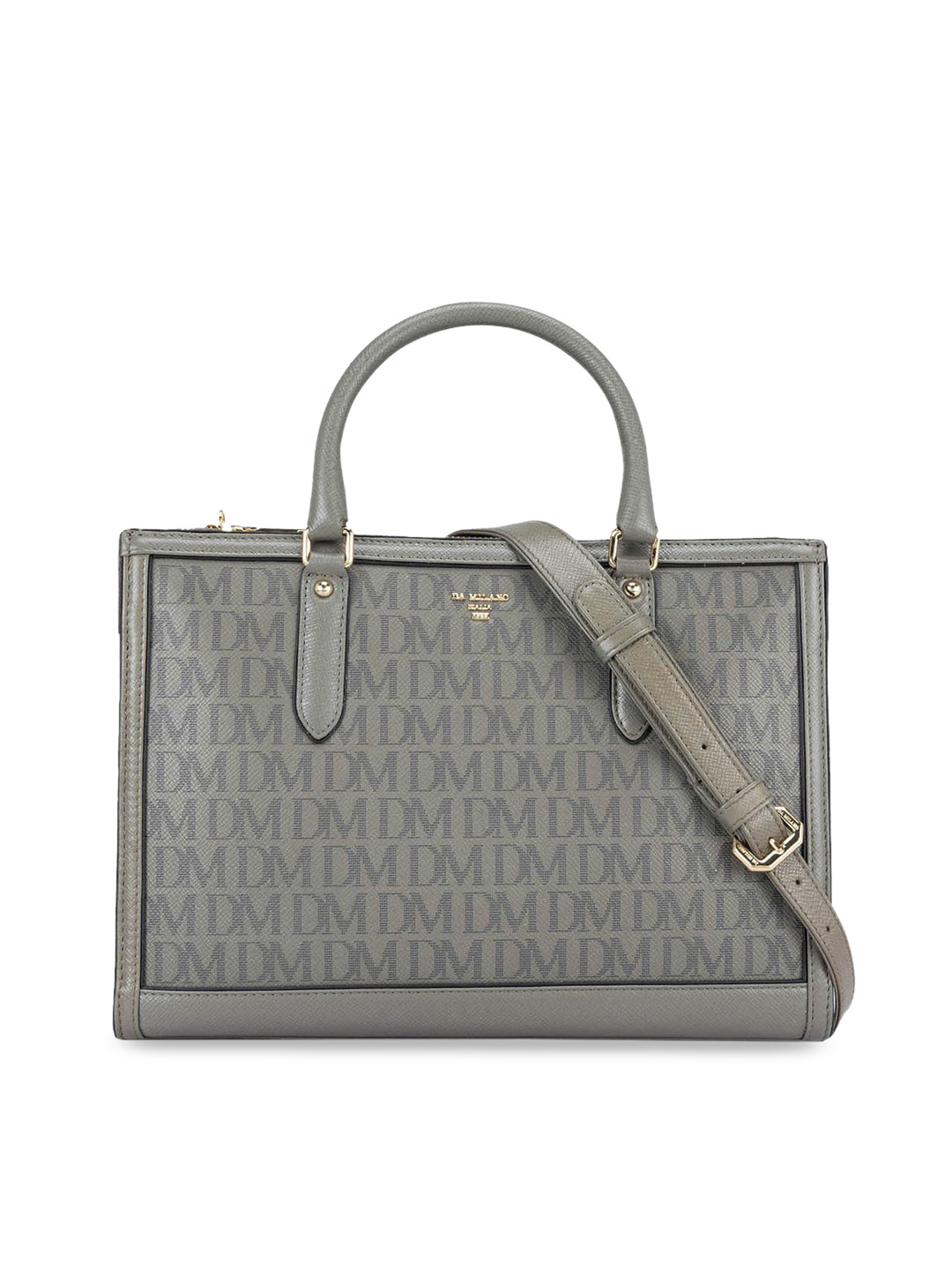 

Da Milano Brand Logo Printed Leather Oversized Structured Handheld Bag, Grey