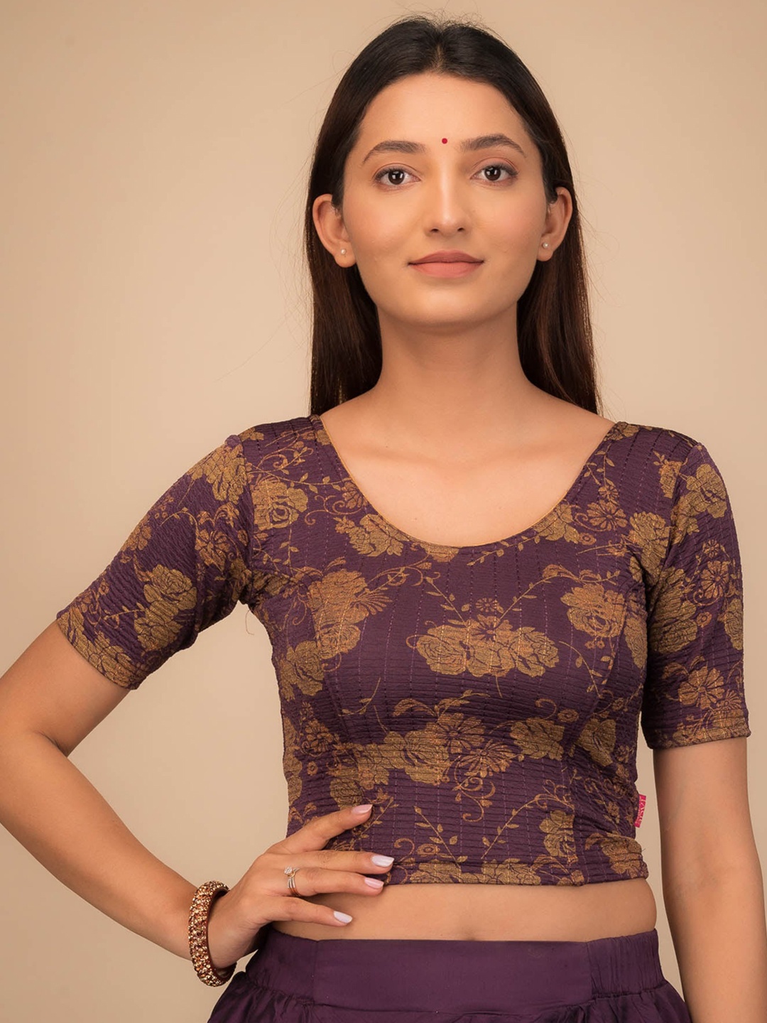 

Bindigasm's Advi Floral Printed Stretchable Saree Blouse, Purple