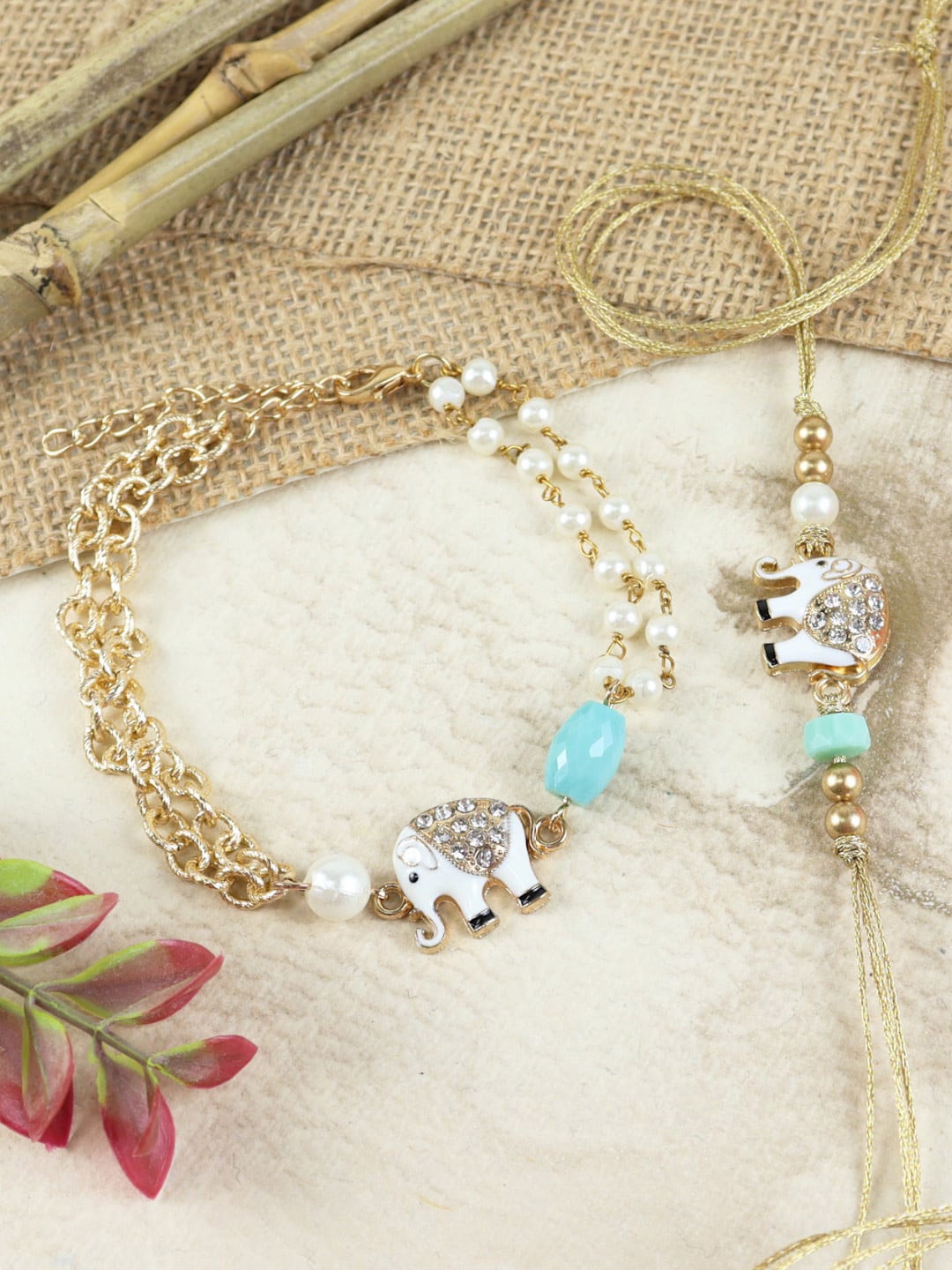 

Asthetika Set Of 2 Elephant Charm Bhaiya Bhabhi Rakhi, Gold