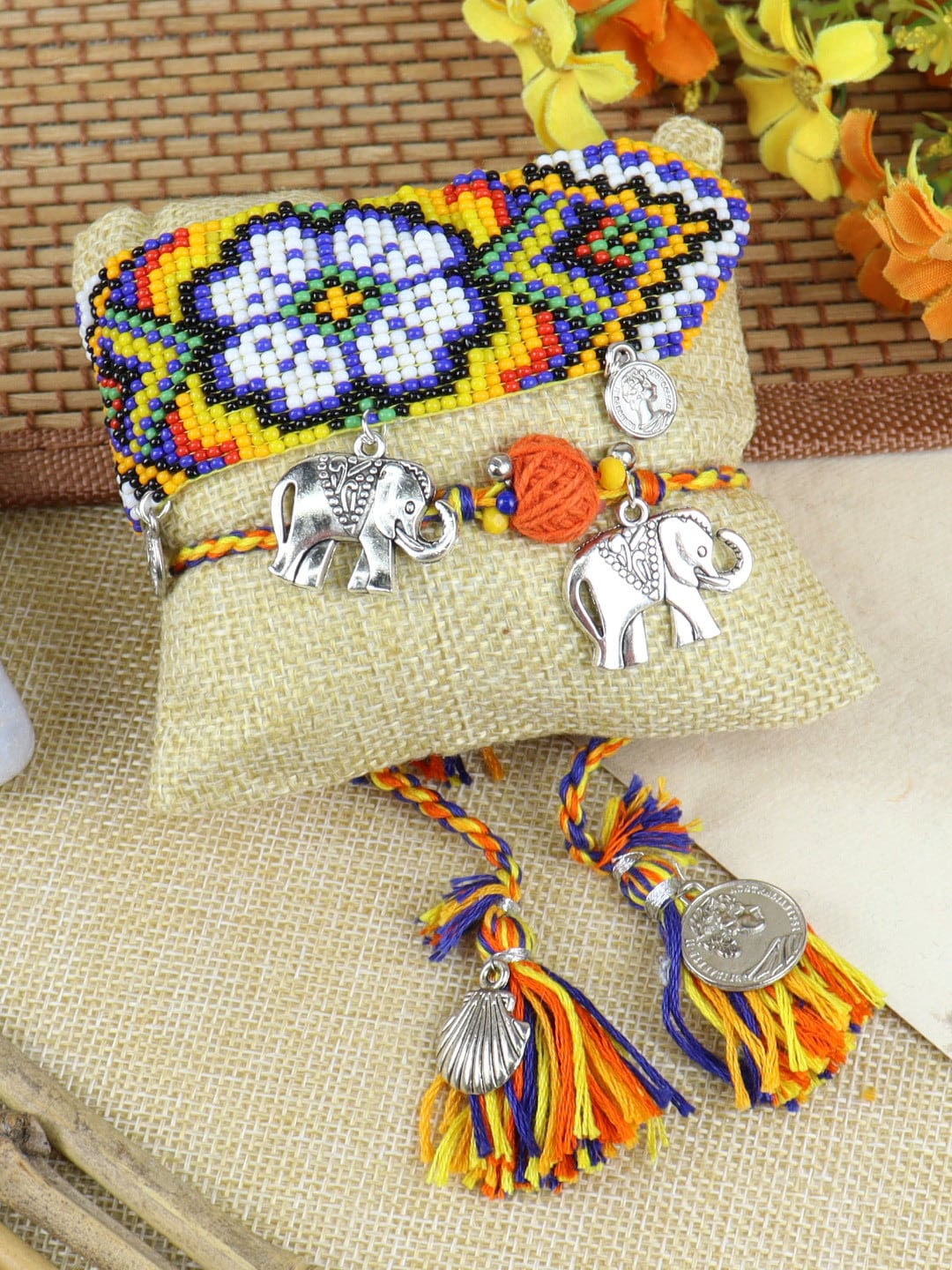

Asthetika Set Of 2 Beaded Elephant Charm Bhaiya Bhabhi Rakhi, Orange