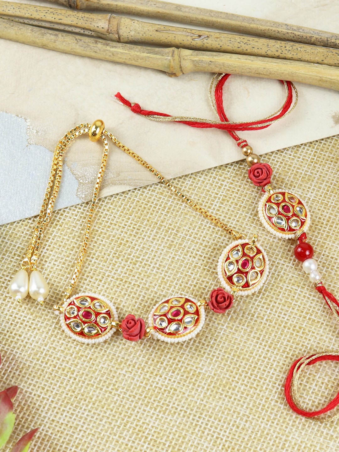 

Asthetika Set Of 2 Kundan-Studded & Beaded Bhaiya Bhabhi Rakhi, Gold