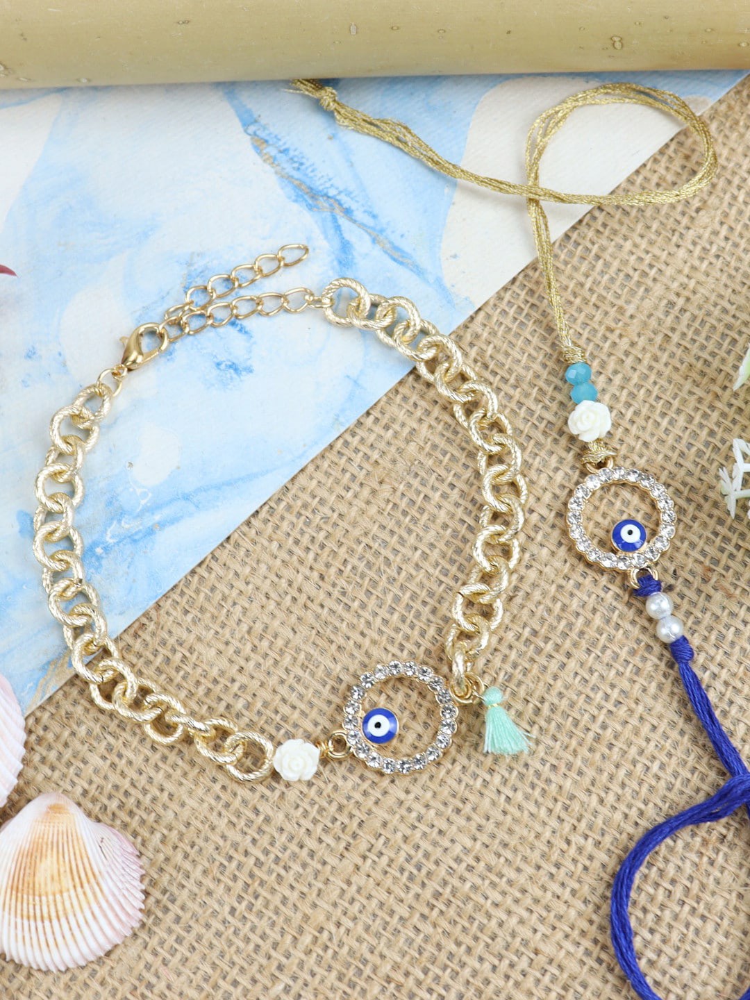 

Asthetika Set Of 2 Evil Eye Charm Bhaiya Bhabhi Rakhi, Gold