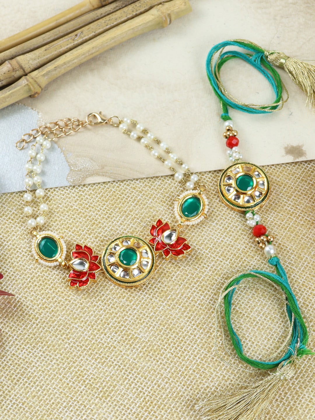 

Asthetika Set Of 2 Kundan-Studded & Beaded Bhaiya Bhabhi Rakhi, Gold