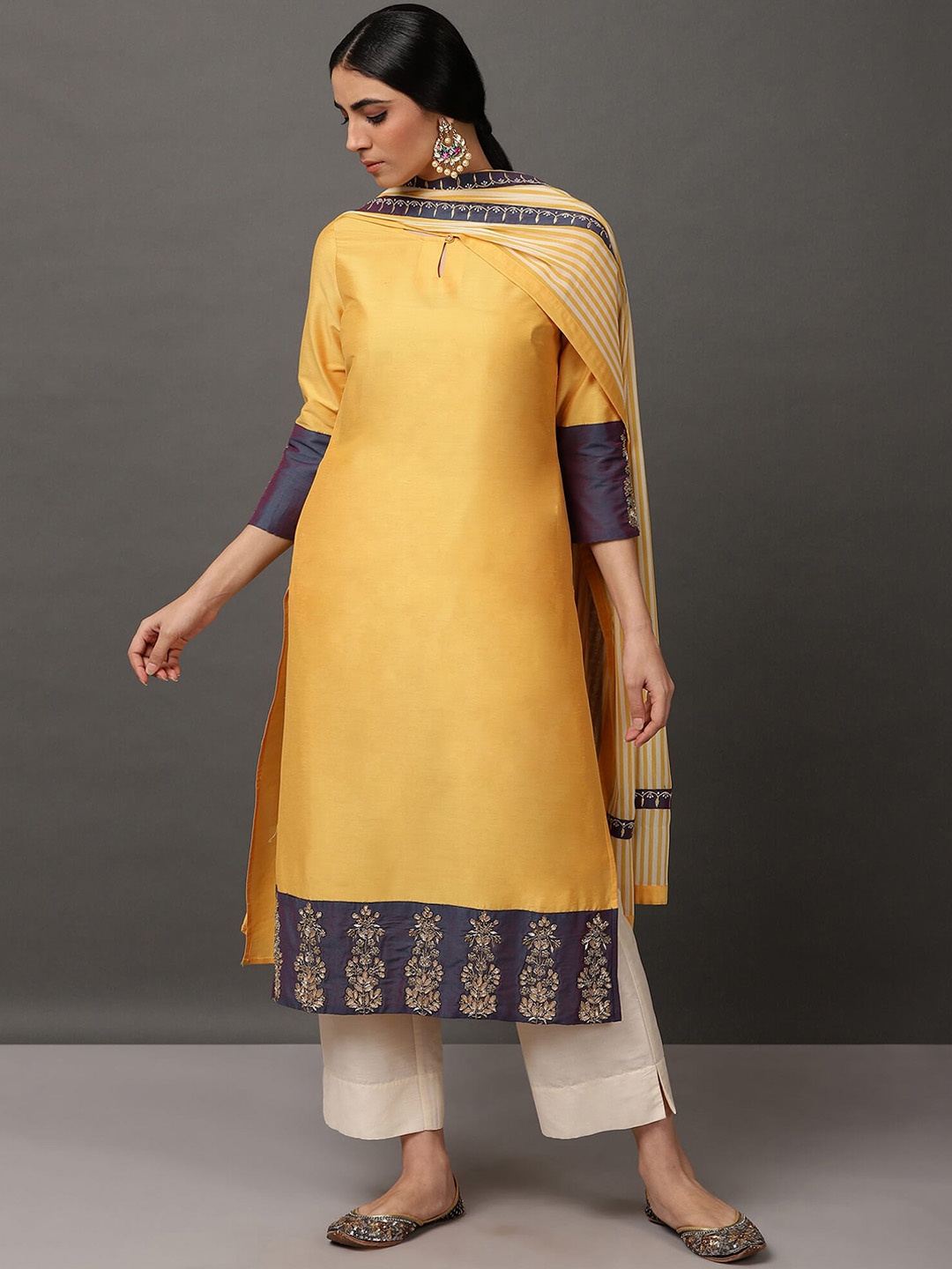 

NUHH Key-Hole Neck Straight Kurta & Palazzos With Dupatta, Yellow
