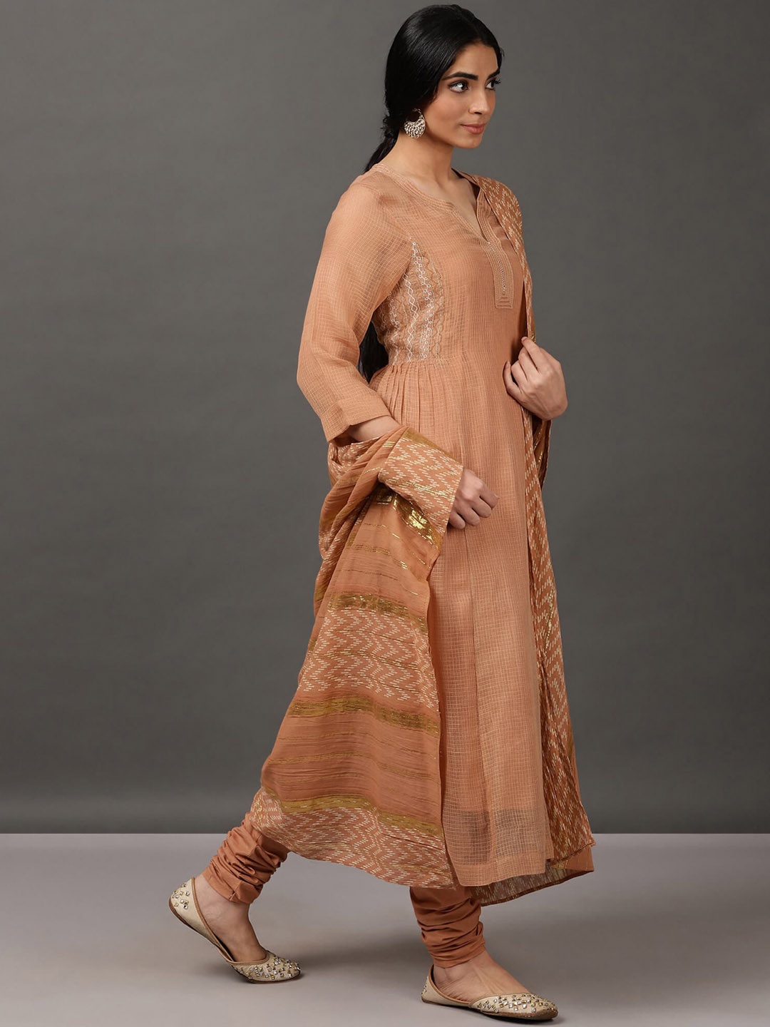 

NUHH Self Design Pure Cotton Kurta With Churidar & With Dupatta, Brown