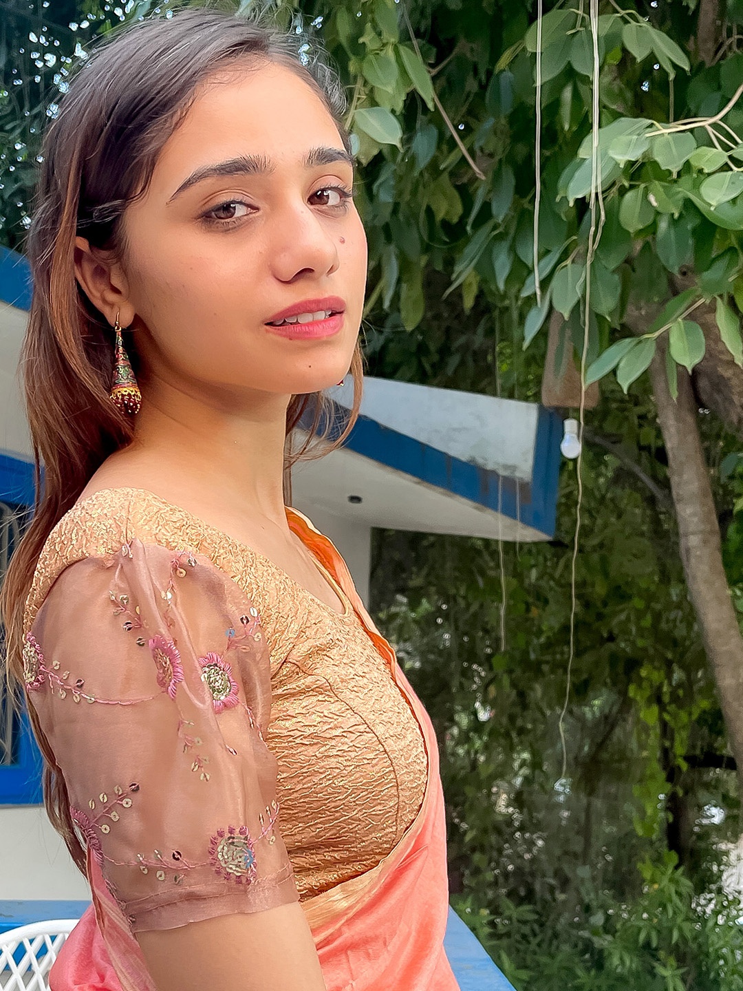 

Bindigasm's Advi Embellished Round Neck Saree Blouse, Copper