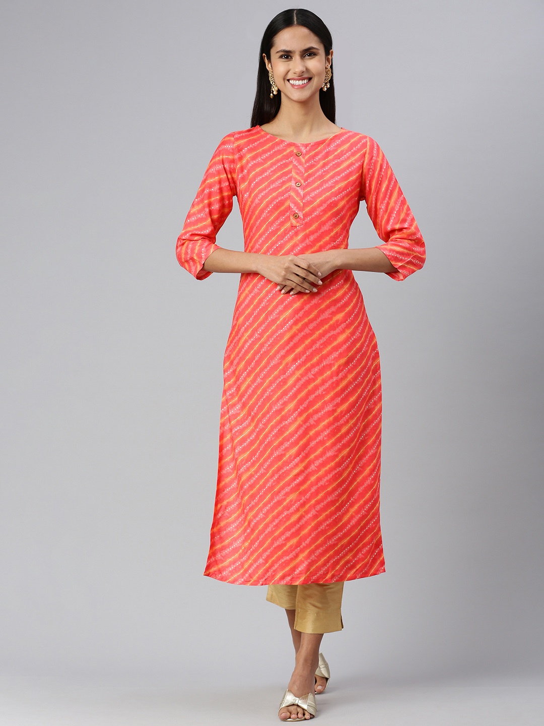 

HRITIKA Women Leheriya Striped Kurta, Coral