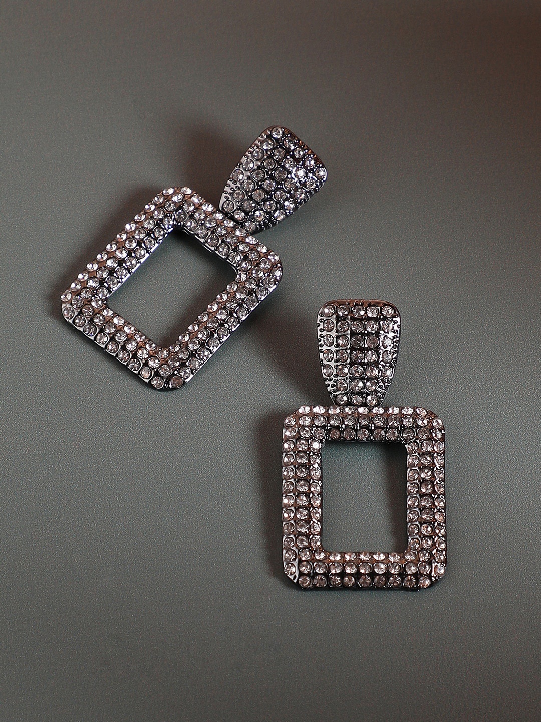 

SOHI Silver Plated Stone Studded Square Shaped Drop Earrings