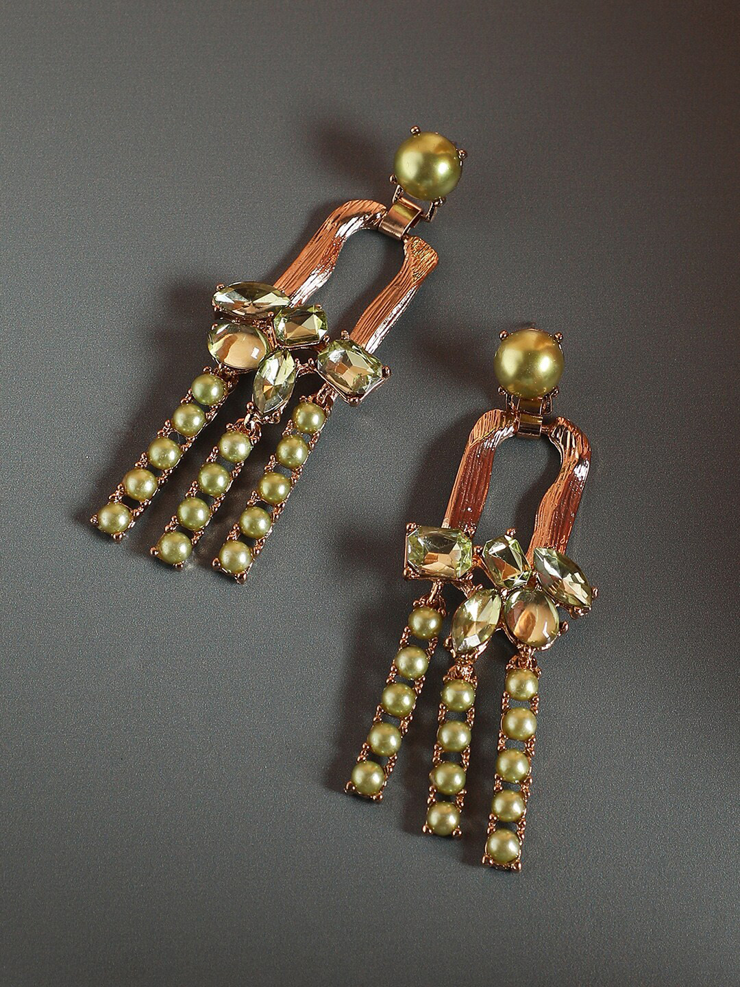 

SOHI Gold-Plated Contemporary Stone Studded Drop Earrings